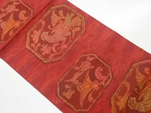 本場筑前博多ふくれ織花鳥に幾何学模様織出し名古屋帯